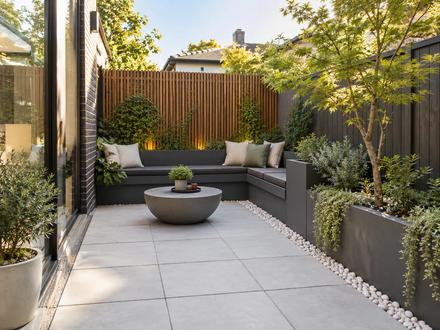 Compact courtyard with black L-shaped seating, timber screen and raised planting