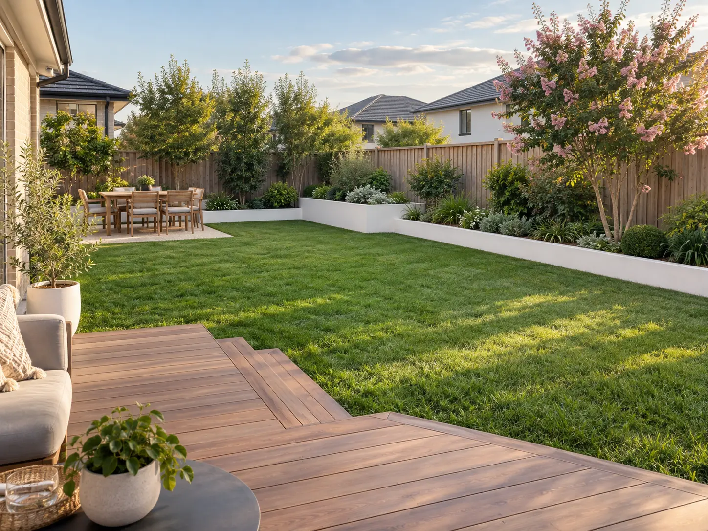 Open family lawn with wide timber deck, rendered garden beds and flowering crepe myrtle