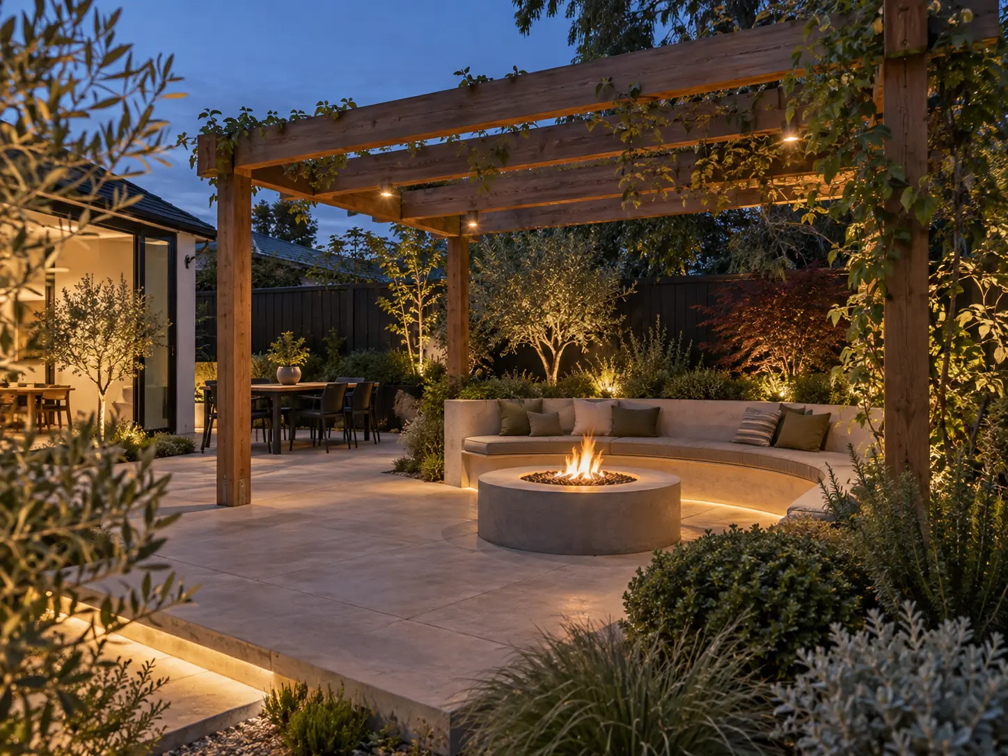 Pergola with curved built-in seating, paved entertaining area and fire pit