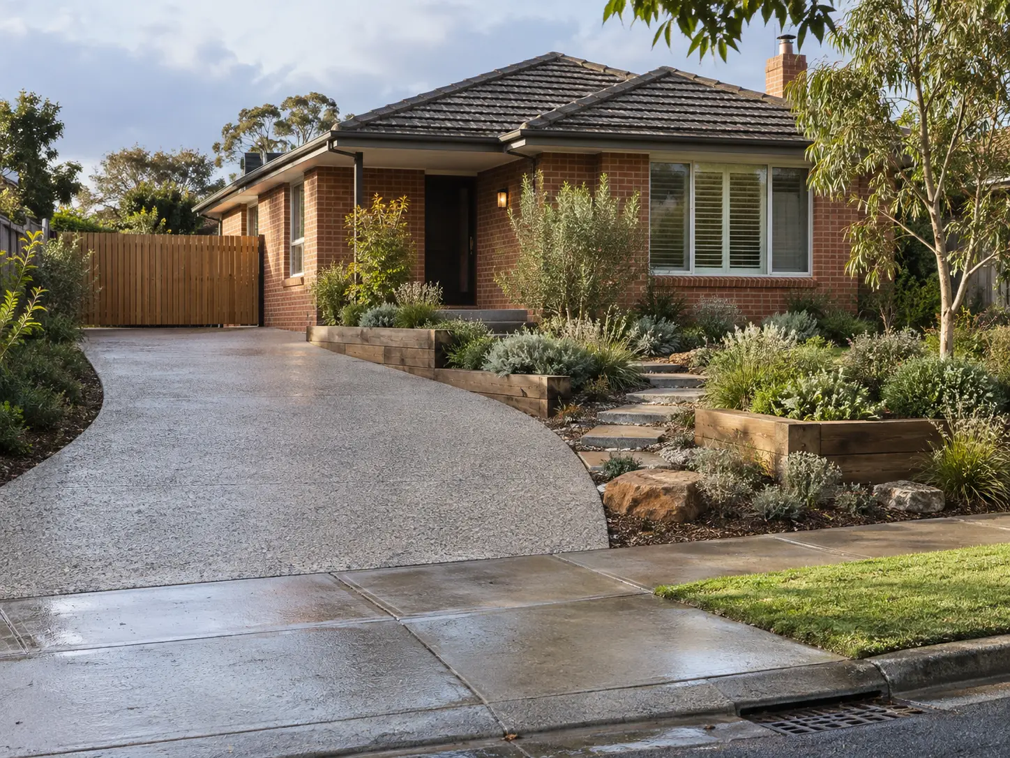 Curved exposed aggregate driveway, timber planter walls and native front garden