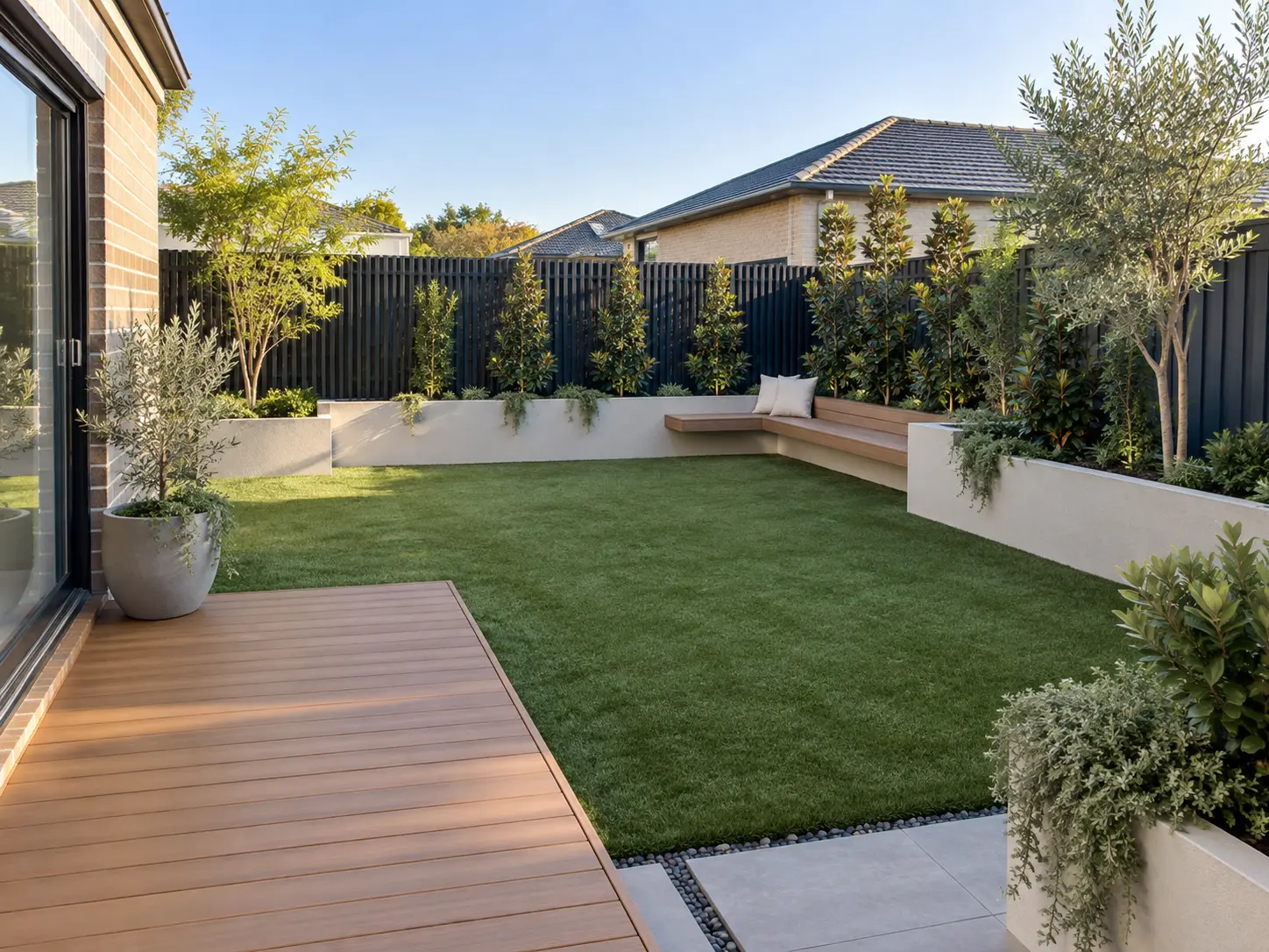 Low-maintenance backyard with artificial turf, composite deck, raised planters and bench