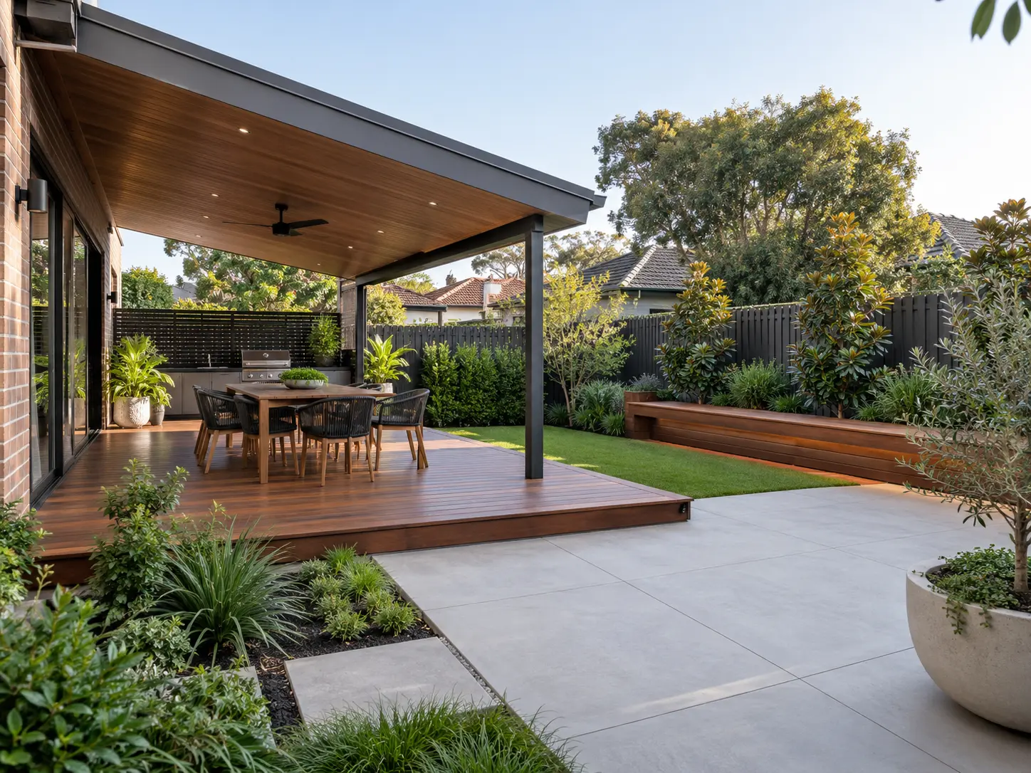 Attached skillion pergola, timber deck, pale paving and long built-in garden bench