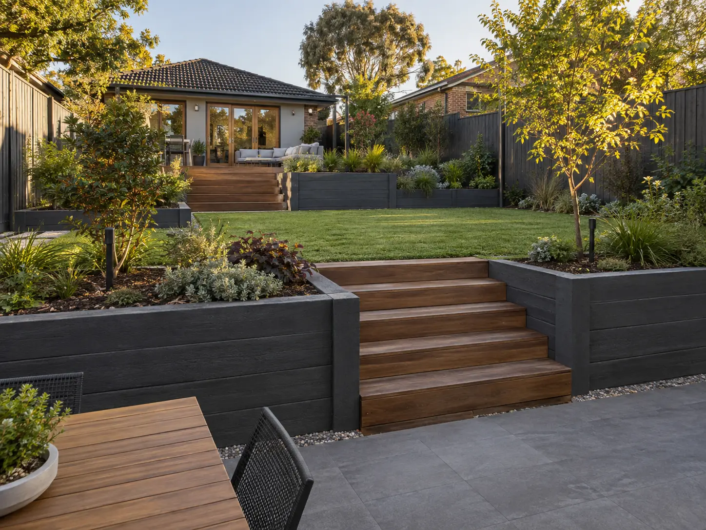 Split-level backyard with charcoal retaining walls, timber steps and natural turf