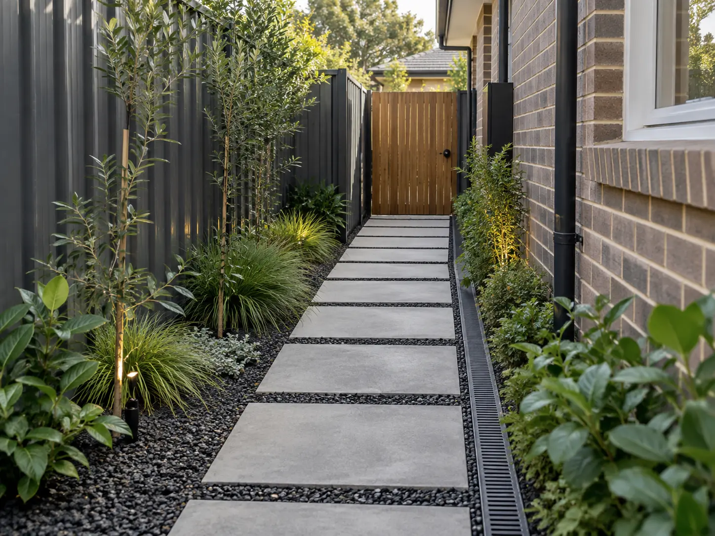 Narrow side yard with large concrete steppers, dark gravel, planting and timber gate